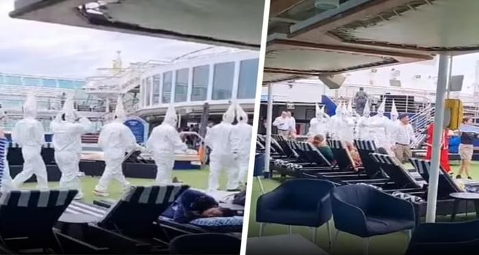 Туристы были шокированы, когда экипаж в колпаках Ку-Клукс-Клана прошелся по палубе Туристы были шокированы, когда экипаж в колпаках Ку-Клукс-Клана прошелся по палубе